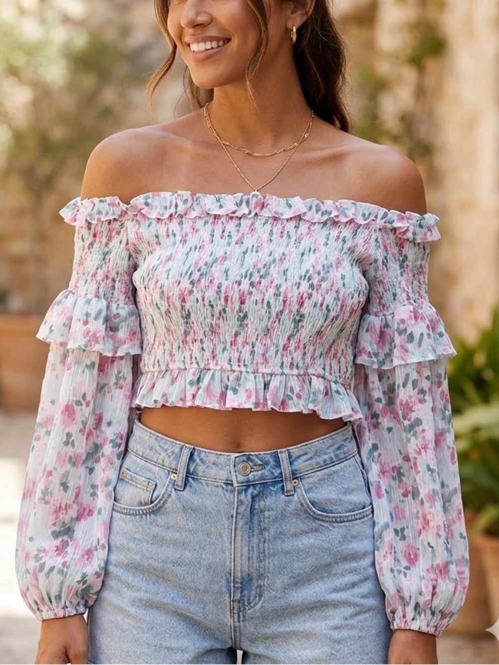 Lulu’s | What a Joy Blue Floral Print Smocked Off-the-Shoulder Crop Top Sz Large